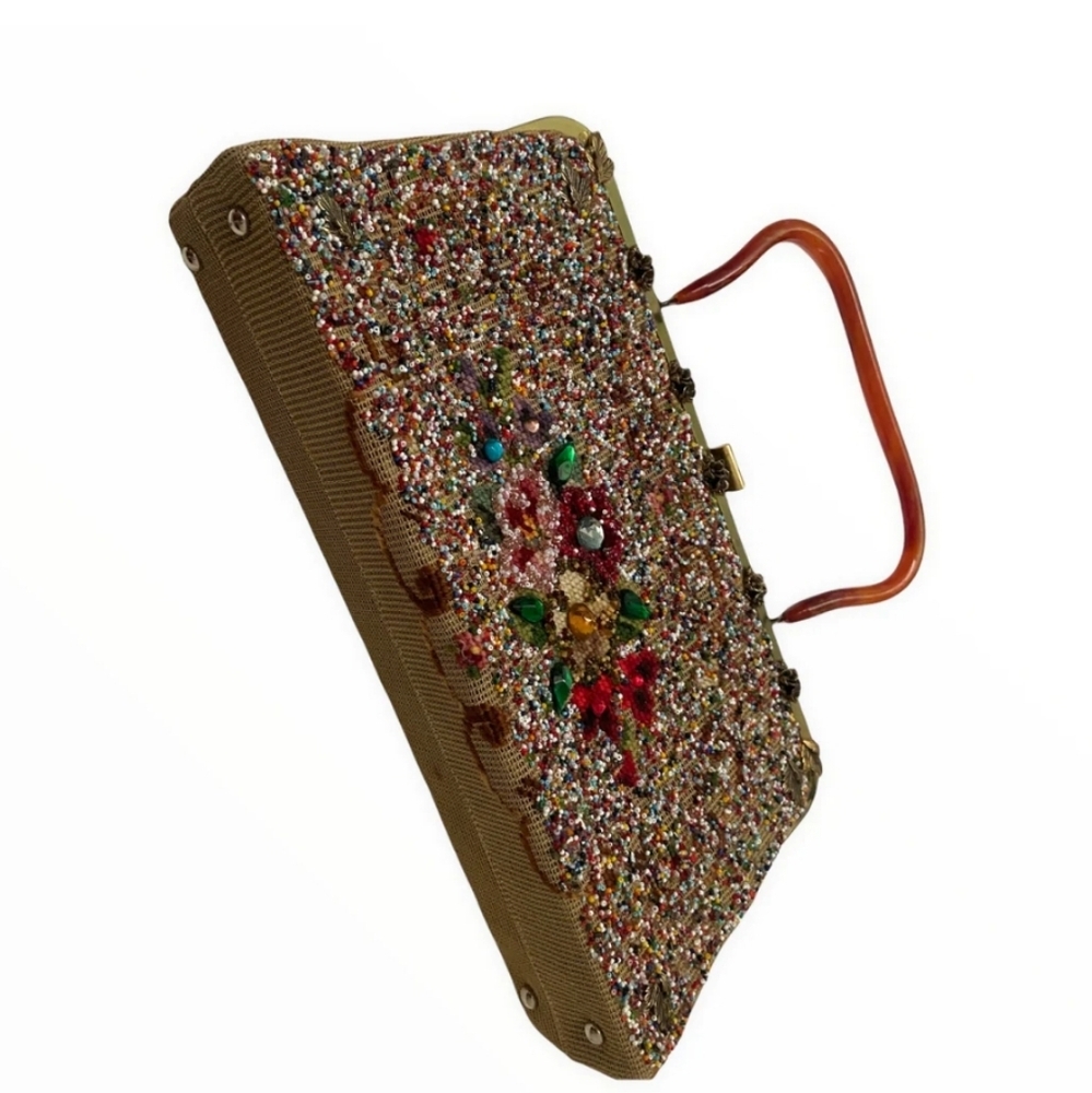 SOURE’ 1950s Beaded Handbag – Jeweled Rose Embellished Vintage Top Handle Purse - Picture 7 of 15